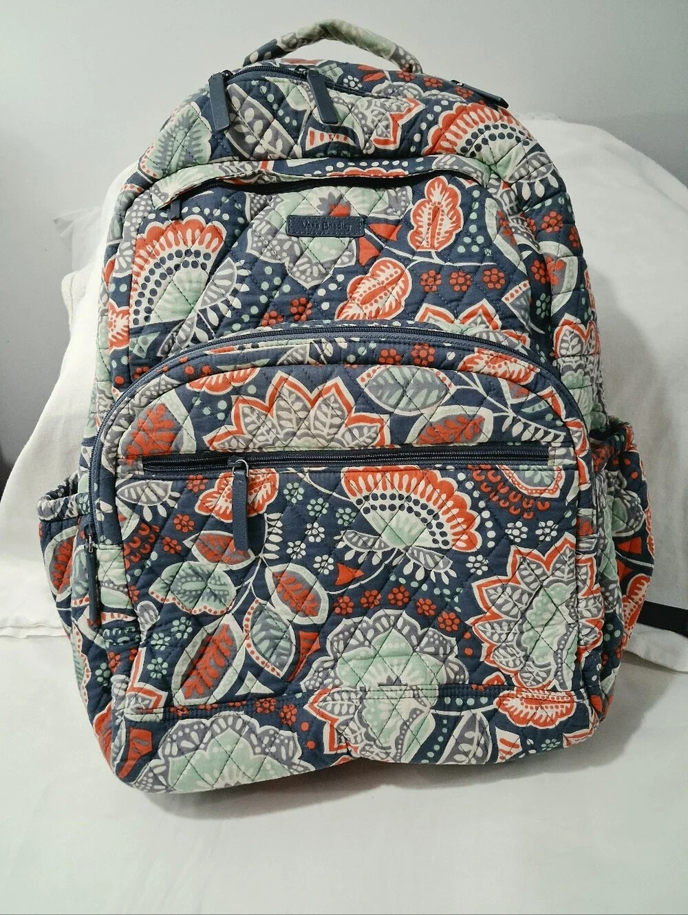 Vera Bradley Navy Quilted Floral Backpack with Coral & Mint Accents